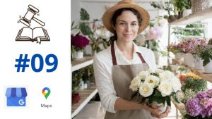 Illustration d'une fleuriste dans sa boutique affichant Google My Business, de symboles de réglementation et de changement, représentant l'impact du Digital Market Act sur la gestion des entreprises en ligne.