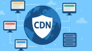 Illustration d’un CDN reliant serveurs et ordinateurs autour du globe.