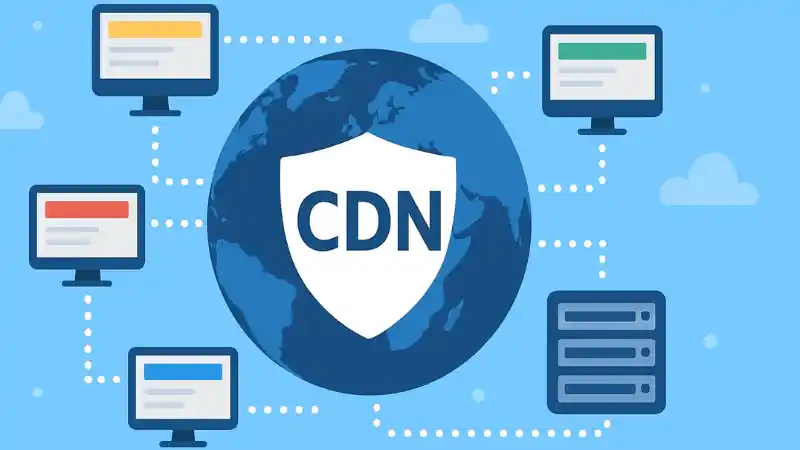 Illustration d’un CDN reliant serveurs et ordinateurs autour du globe.