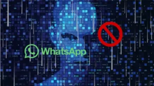 Illustration montrant WhatsApp bloquant les bots d’intelligence artificielle, avec un visage numérique et un symbole d’interdiction.