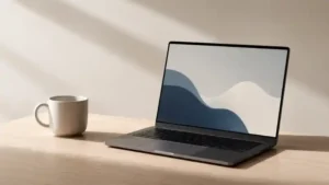 AI SEO visibilité Google et IA sur un ordinateur portable dans un espace de travail moderne et minimaliste