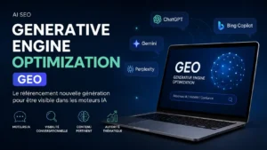 Illustration Generative Engine Optimization GEO avec ordinateur portable et moteurs IA comme ChatGPT, Gemini, Copilot et Perplexity.