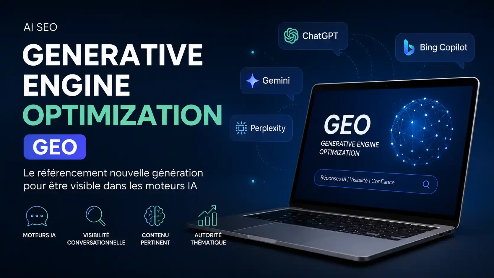 Illustration Generative Engine Optimization GEO avec ordinateur portable et moteurs IA comme ChatGPT, Gemini, Copilot et Perplexity.