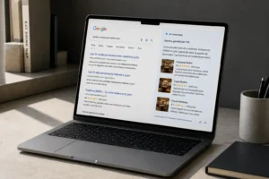 AI Overviews Google : comment s'adapter ? Un ordinateur affiche une recherche Google avec une synthèse IA en tête des résultats.