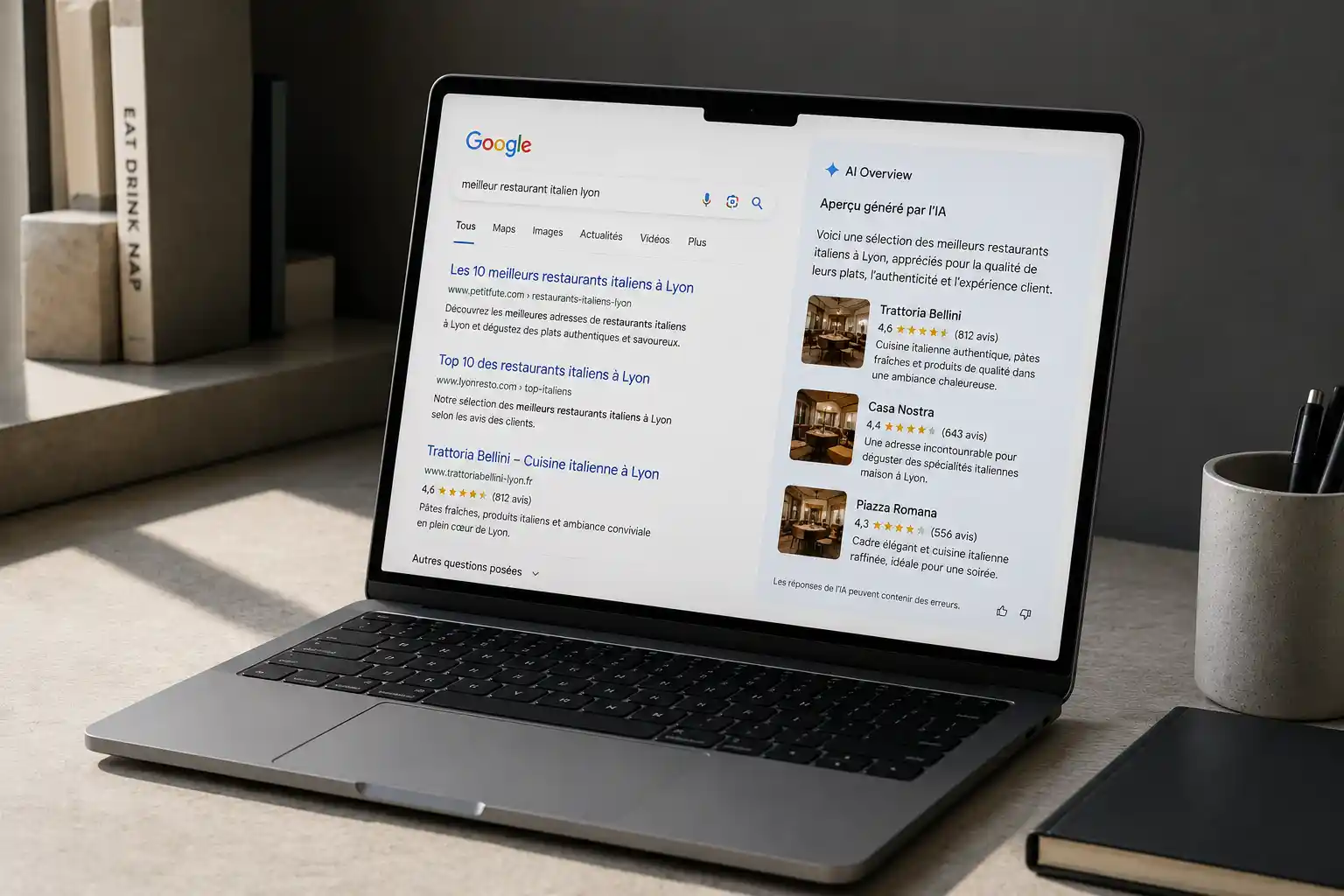 AI Overviews Google : comment s'adapter ? Un ordinateur affiche une recherche Google avec une synthèse IA en tête des résultats.
