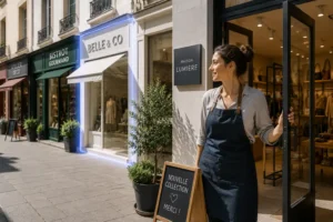 ChatGPT recommande-t-il votre entreprise ? Une commerçante se tient devant sa boutique mise en avant parmi plusieurs commerces.