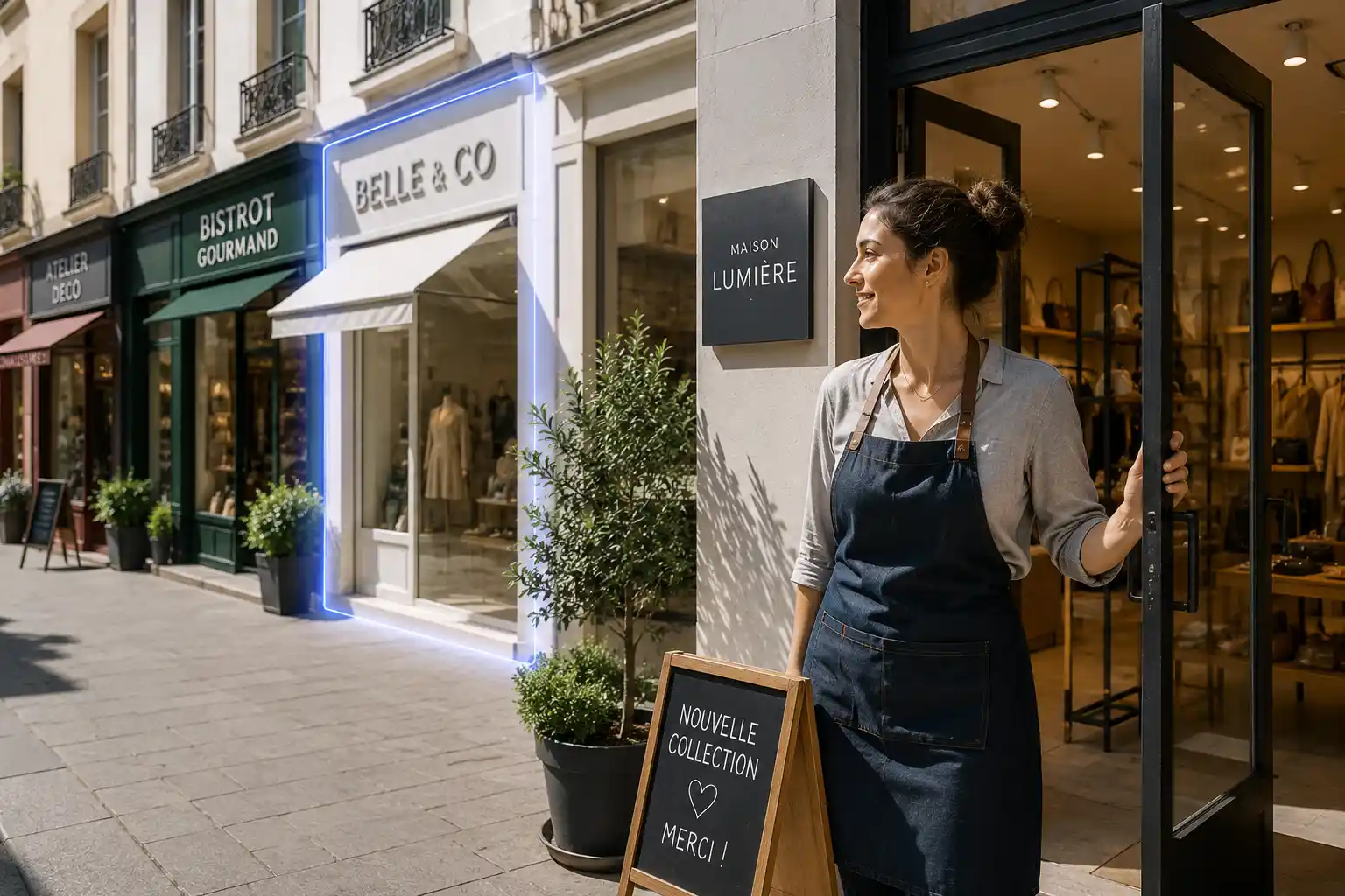 ChatGPT recommande-t-il votre entreprise ? Une commerçante se tient devant sa boutique mise en avant parmi plusieurs commerces.