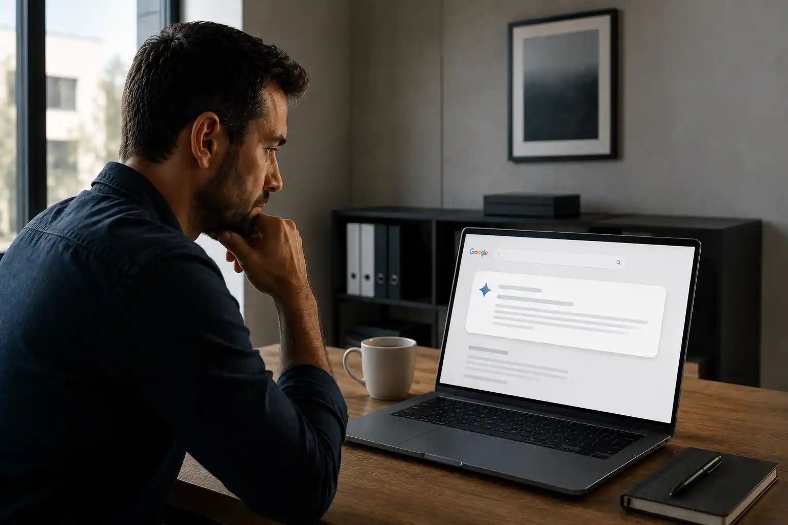Un dirigeant consulte sur son ordinateur une synthèse de Gemini dans les résultats de recherche Google