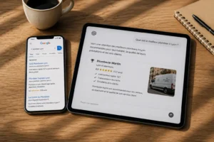 GEO contre SEO : quelle différence pour vous ? Smartphone avec Google et tablette affichant une réponse IA sur un bureau moderne.