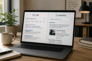 Perplexity, nouveau concurrent de Google : comparaison entre une recherche Google classique et une réponse générée par Perplexity.