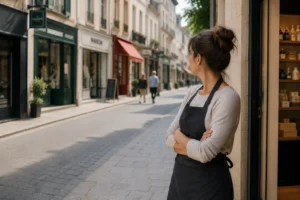 5 signes que l’IA a changé votre visibilité : une commerçante observe une cliente consultant son smartphone devant les commerces.
