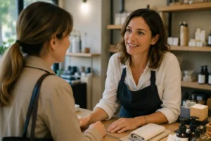 Chatbot IA ou humain : que choisir ? Une professionnelle échange directement avec une cliente dans son commerce.