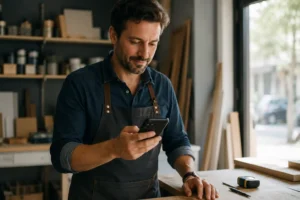 Chatbot IA sur WhatsApp : un artisan consulte son smartphone pendant son activité professionnelle.