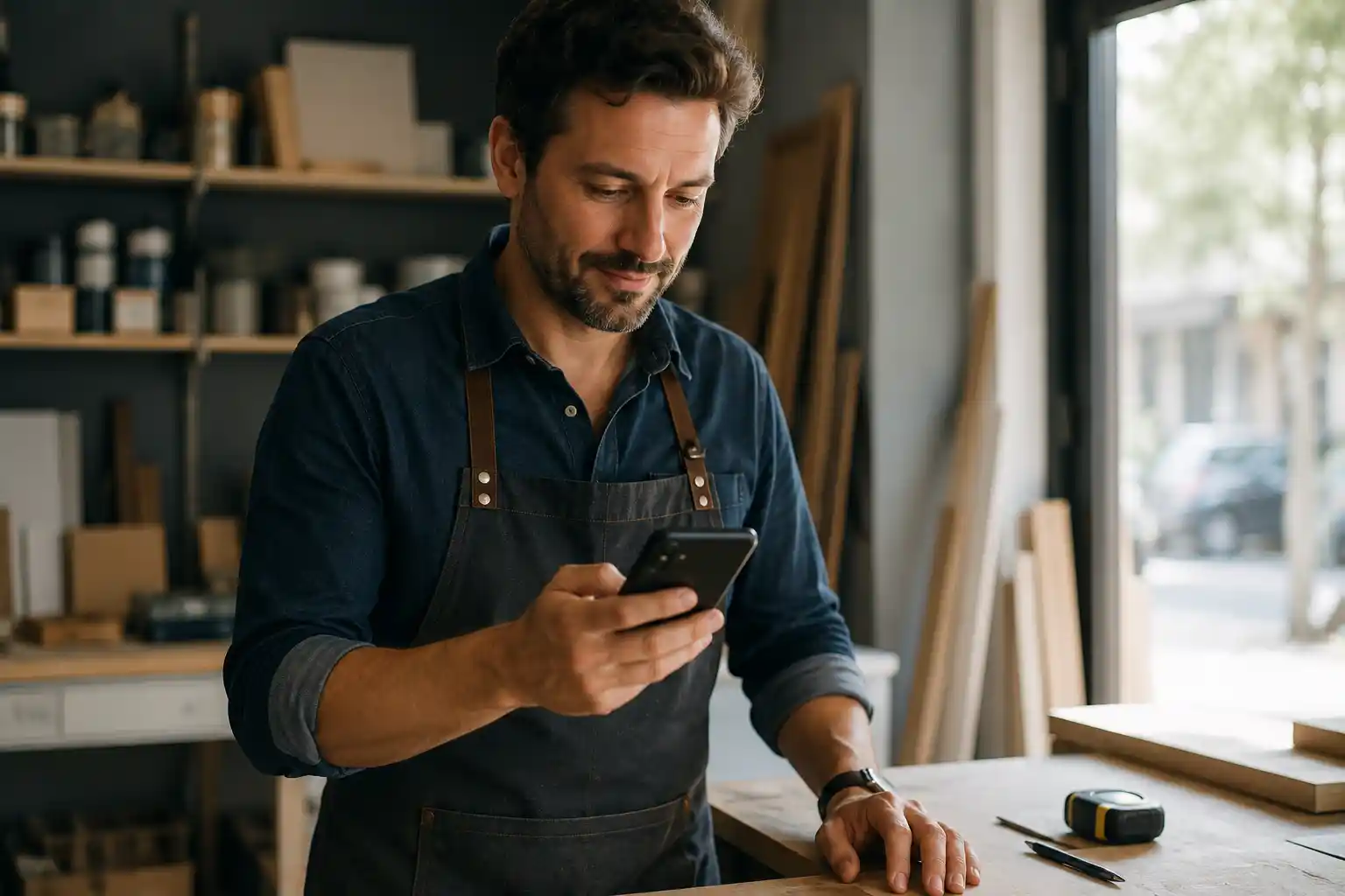 Chatbot IA sur WhatsApp : un artisan consulte son smartphone pendant son activité professionnelle.