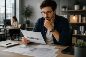 Votre fiche Google face aux moteurs IA : un professionnel examine les informations de son entreprise.